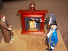 The Doctor in long coat and Clockwork Man (blue and black) with custom The Girl in the Fireplace set